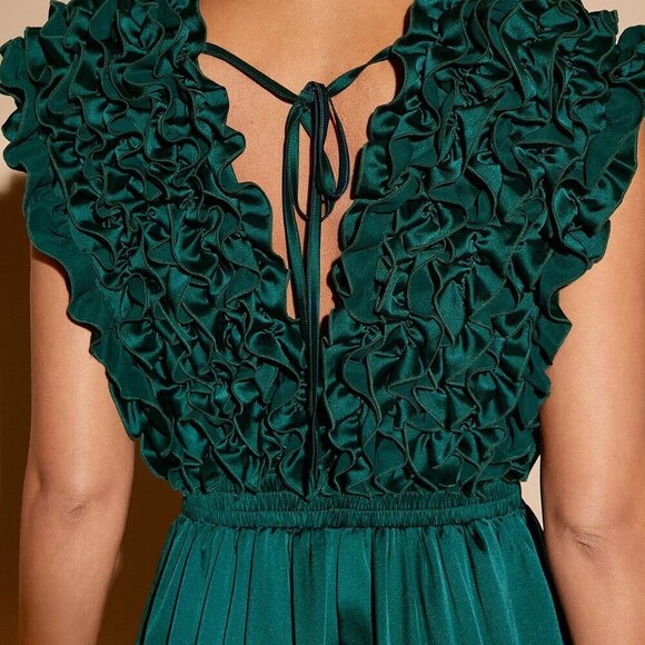 Green Party Women's Plunging Neck Ruffle Wide Leg Jumpsuit - Picture 5 of 6